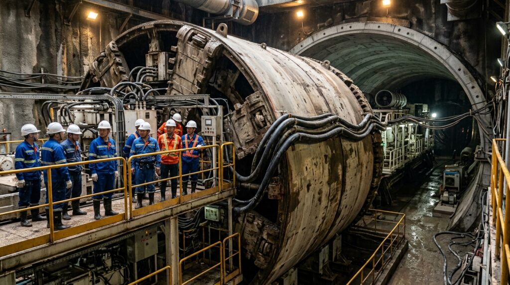 Trabalhadores aparecem ao lado de uma enorme tuneladora usada na escavação do túnel sob o rio Yangtzé.
