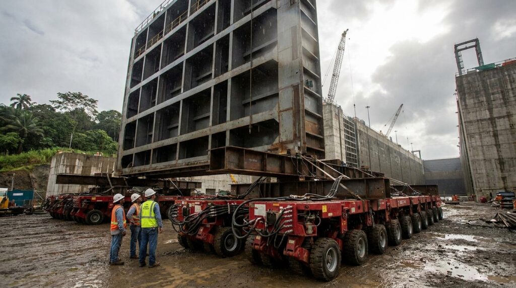 Trabalhadores aparecem ao lado da enorme comporta apoiada sobre transportadores modulares.