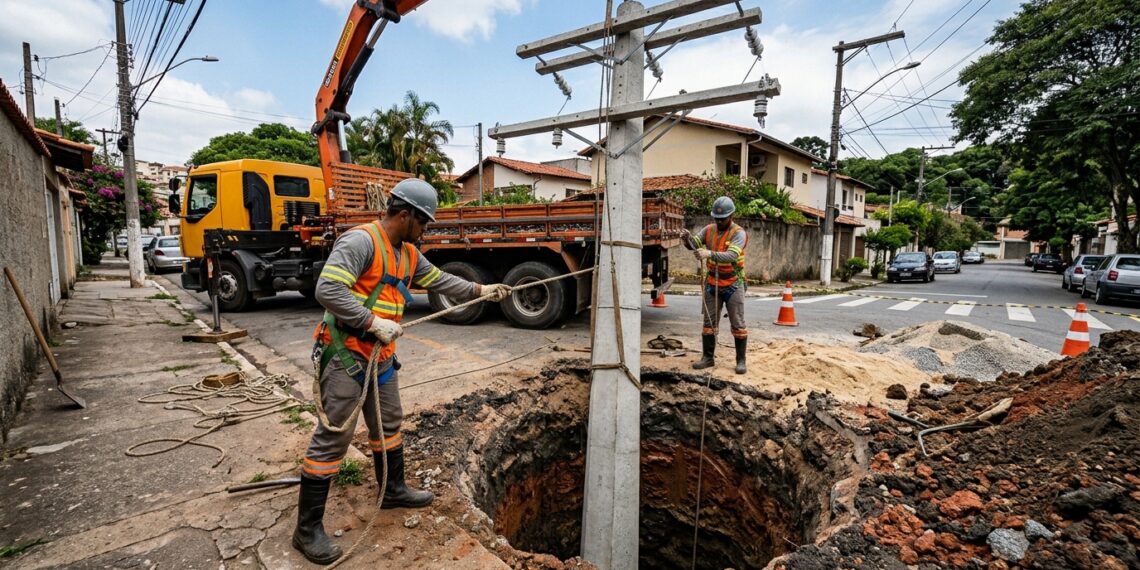 Poste de concreto é instalado em uma cava profunda antes da recomposição do terreno.