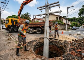 Poste de concreto é instalado em uma cava profunda antes da recomposição do terreno.