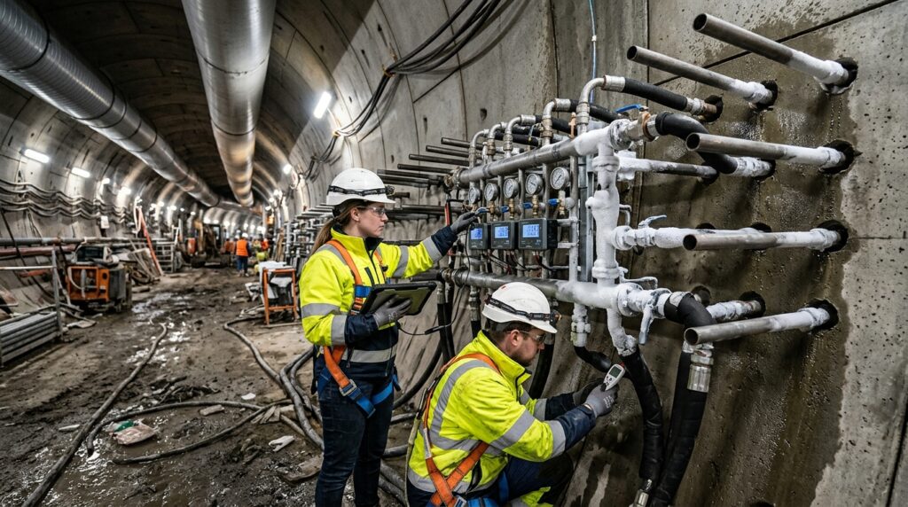 Tubos instalados em túnel fazem circular fluido refrigerado para retirar calor do terreno.