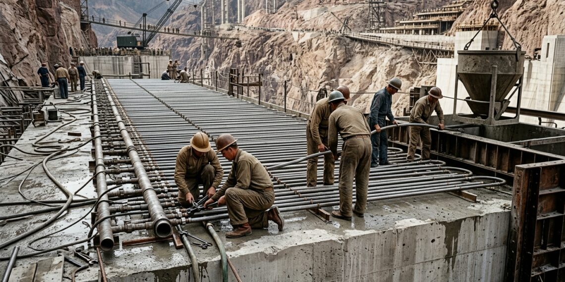 Corte da Hoover Dam mostra a rede de tubos usada para resfriar o concreto durante a construção.
