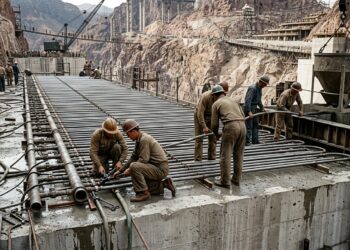 Corte da Hoover Dam mostra a rede de tubos usada para resfriar o concreto durante a construção.