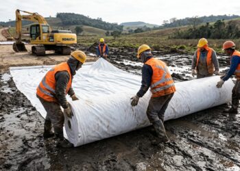 Trabalhadores desenrolam manta geotêxtil sobre solo mole antes da execução do aterro.
