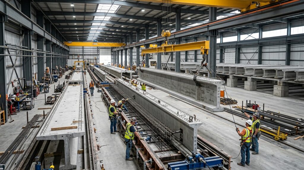 Grandes vigas de concreto para uma ponte são produzidas antecipadamente em uma instalação industrial.