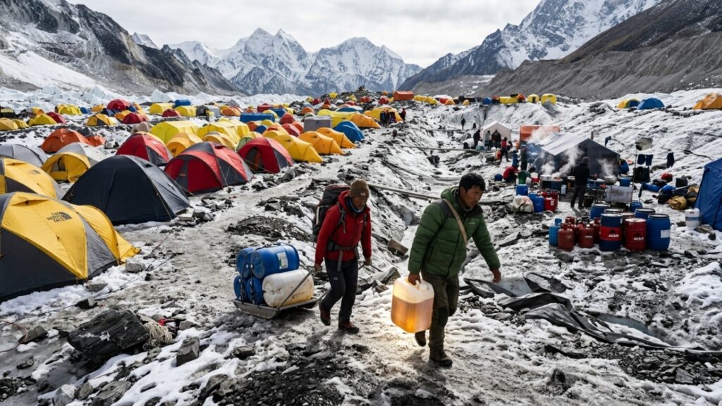 Workers_moving_waste_at_camp_20260921192343-1024x576 No Everest, a urina dos turistas pode derreter o equivalente a 154 toneladas de gelo, segundo estudo