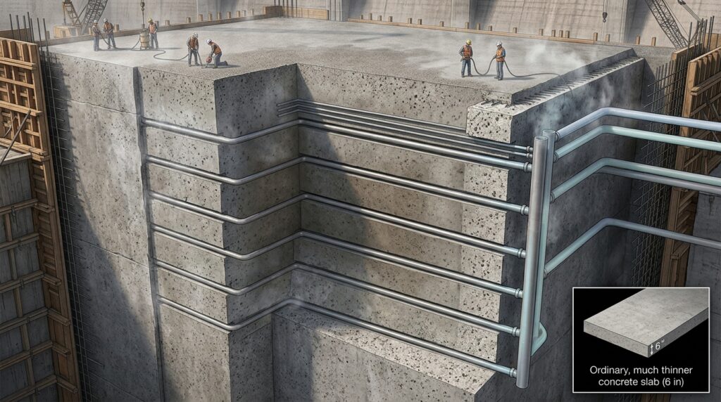Corte técnico mostra tubos atravessando o concreto espesso da Hoover Dam durante o processo de resfriamento.