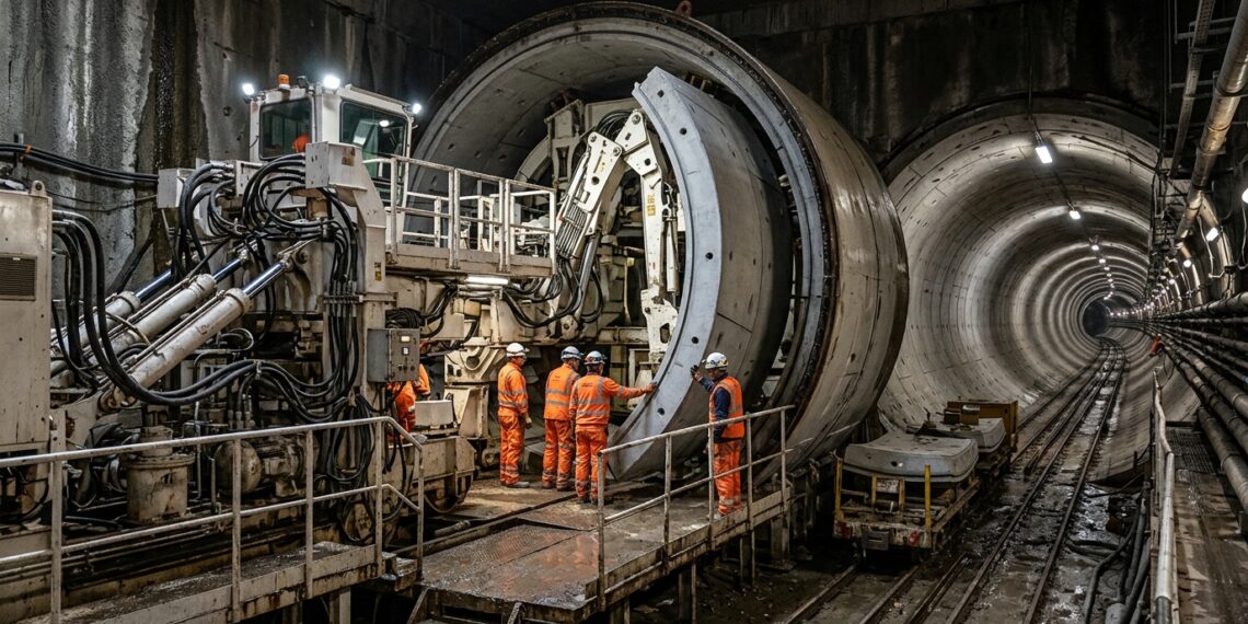 TBM Caroline monta o revestimento de concreto enquanto avança pelo subsolo.