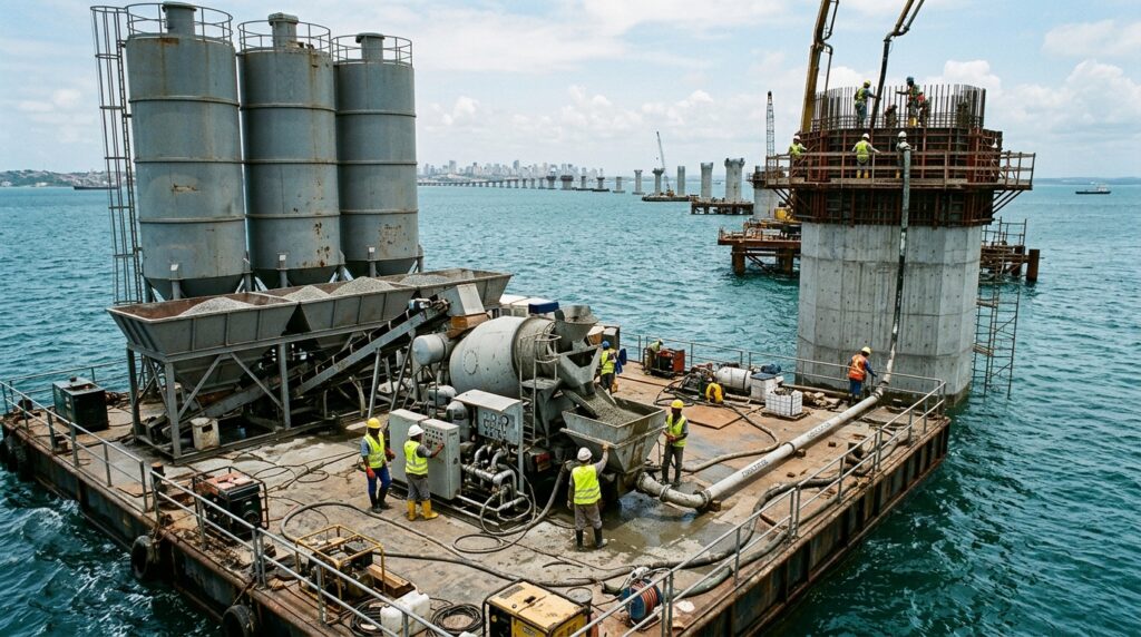 Concreto é produzido em plataforma marítima próxima aos pilares da ponte.
