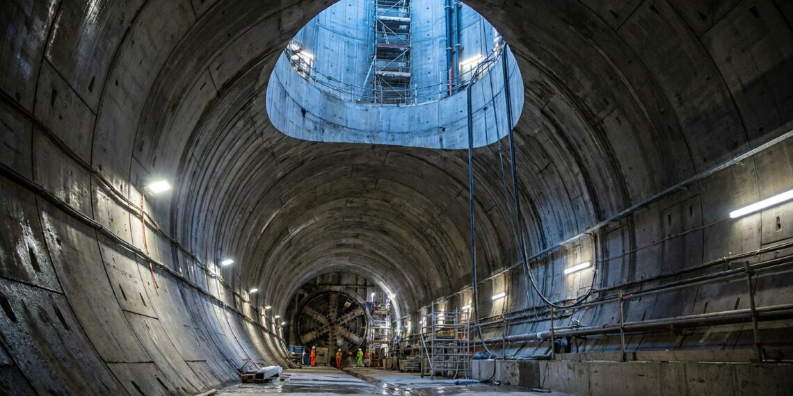 Corte subterrâneo mostra grande túnel de esgoto descendo sob Londres.