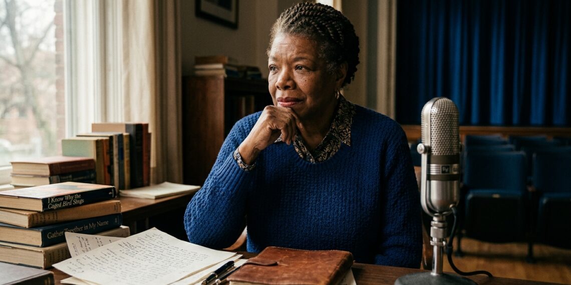 Representação de Maya Angelou em momento de reflexão diante de livros, manuscritos e um microfone.