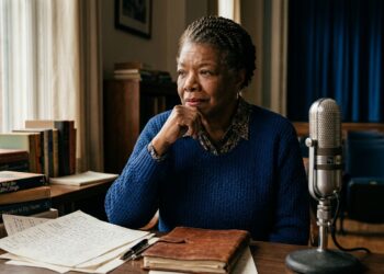Representação de Maya Angelou em momento de reflexão diante de livros, manuscritos e um microfone.