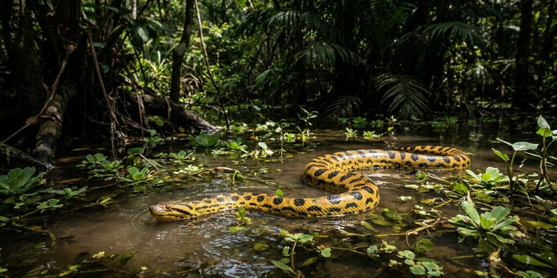 Sucuri-amarela rastejando com agilidade em lâmina de água rasa e vegetação de várzea