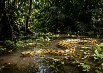Sucuri-amarela rastejando com agilidade em lâmina de água rasa e vegetação de várzea