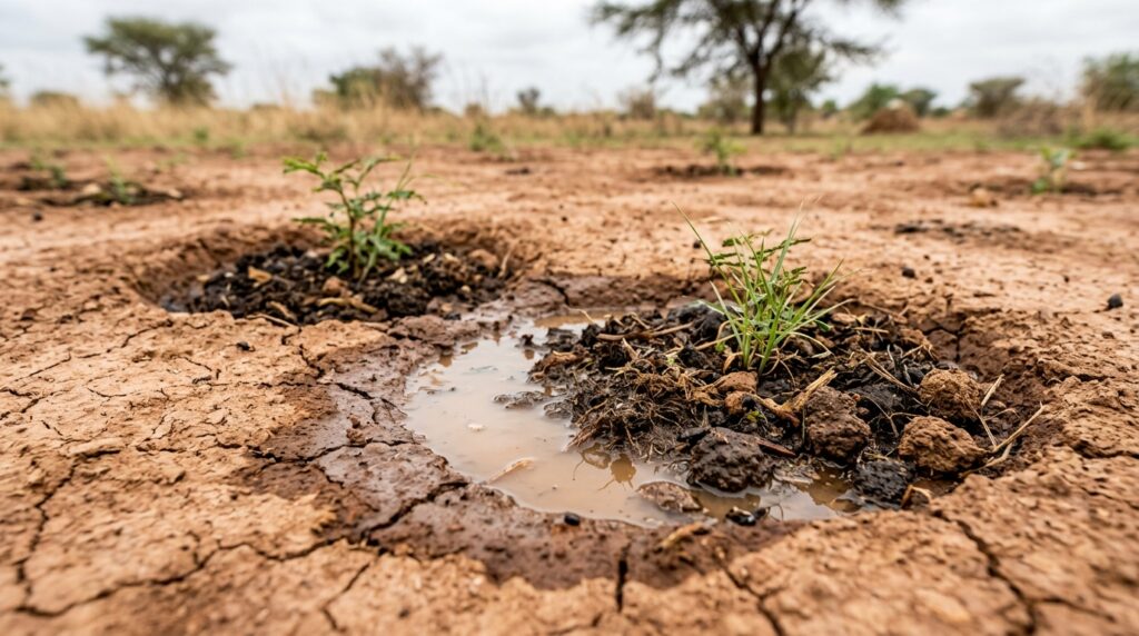 Covas zaï acumulam água e matéria orgânica em solo seco para favorecer a recuperação da vegetação no Sahel.