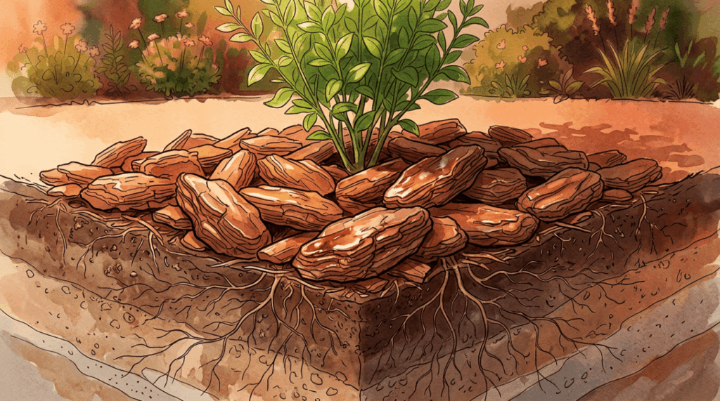 Colocar a casca de pinus encostada direto no caule da planta para enfeitar o vaso pode apodrecer a base e atrair doenças