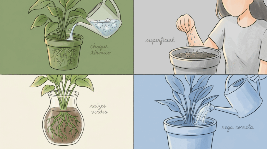 A dica de colocar cubos de gelo na raiz da orquídea para regar com calma pode estar causando um choque térmico fatal na planta