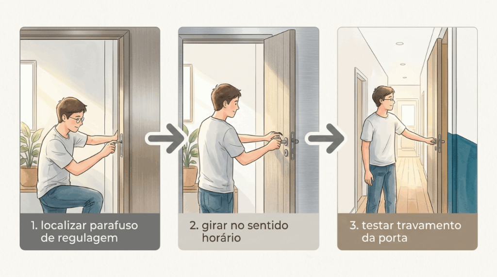 A porta pivotante da entrada não firma na posição fechada e fica balançando com o vento? Um ajuste simples na mola rolete resolve o problema