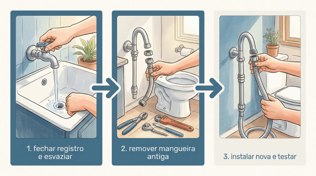 A mangueirinha flexível que alimenta a caixa do vaso sanitário tem prazo de validade e ignorar a troca dela pode causar um alagamento repentino na sua casa