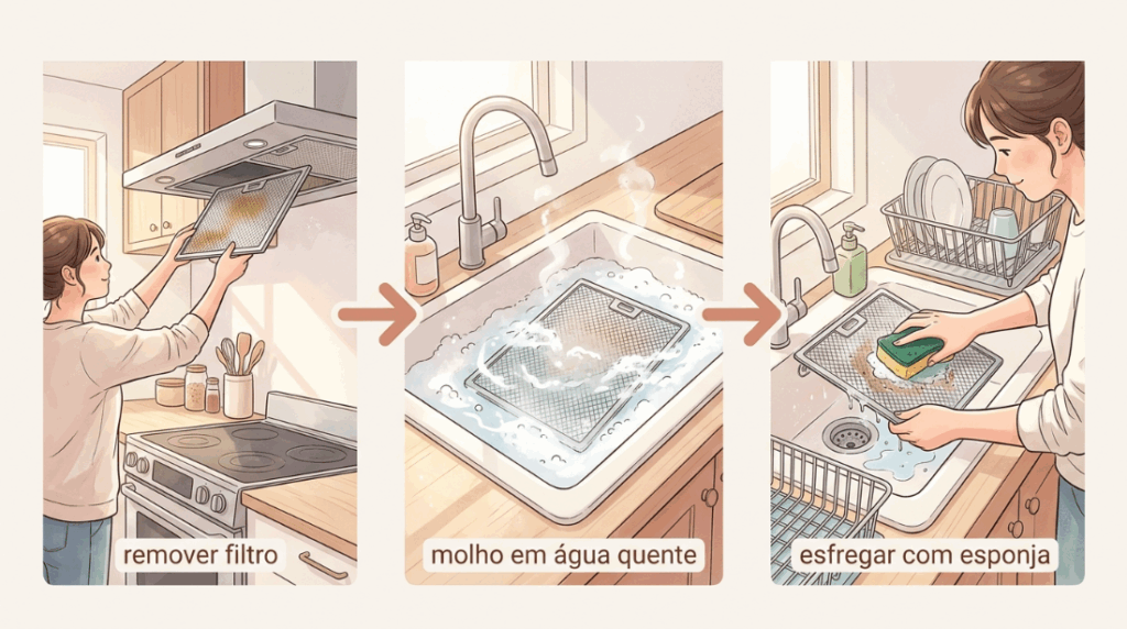 Gotas de óleo misteriosas caem da coifa direto na comida durante o preparo? O filtro metálico saturado de gordura passou da hora de ser lavado