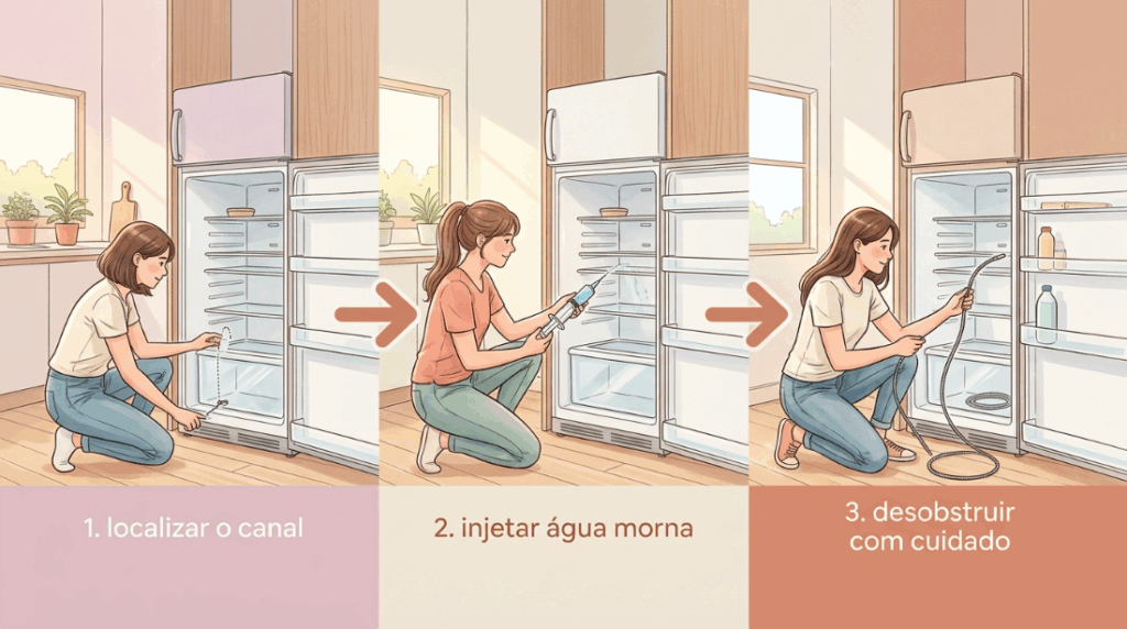 Água acumulada na prateleira inferior da geladeira frost-free: o problema costuma ser um pequeno dreno entupido que você desentope com facilidade