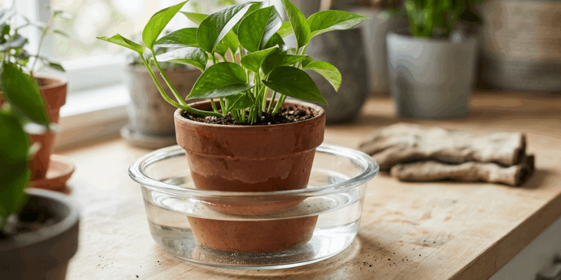 A terra do vaso virou uma pedra seca e a água escorre pelos lados sem molhar? Este truque simples de imersão revive qualquer planta desidratada