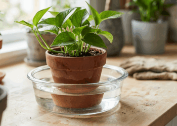 A terra do vaso virou uma pedra seca e a água escorre pelos lados sem molhar? Este truque simples de imersão revive qualquer planta desidratada