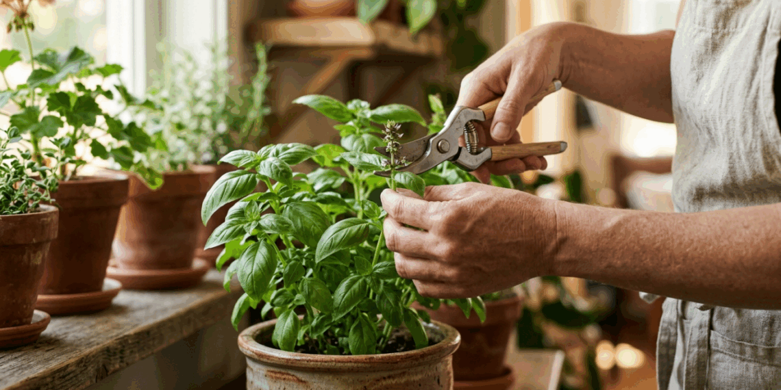 Quando o manjericão começa a florir, uma poda simples muda o destino da planta e pode devolver força à produção de folhas