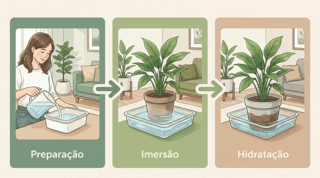 A terra do vaso virou uma pedra seca e a água escorre pelos lados sem molhar? Este truque simples de imersão revive qualquer planta desidratada