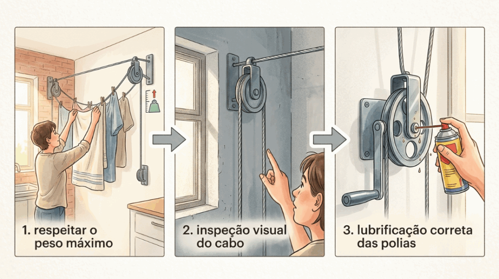 O varal de teto despencou de uma vez só e espalhou todas as roupas molhadas no chão da lavanderia? O cabo de aço interno desfiou e rompeu