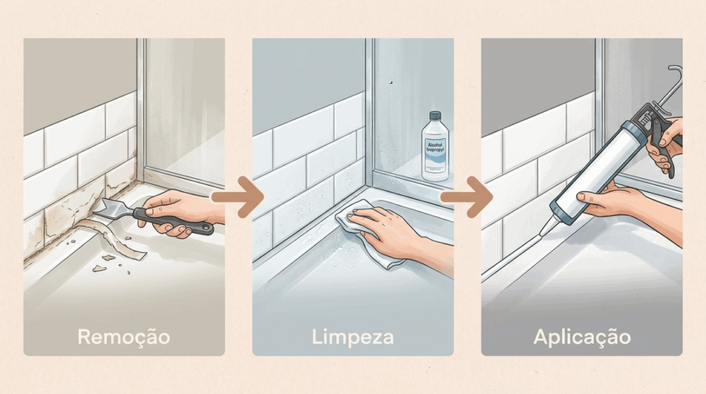 Passar silicone novo por cima do mofado na pia ou no box é desperdício: o jeito certo de vedar exige um passo preliminar que muita gente ignora