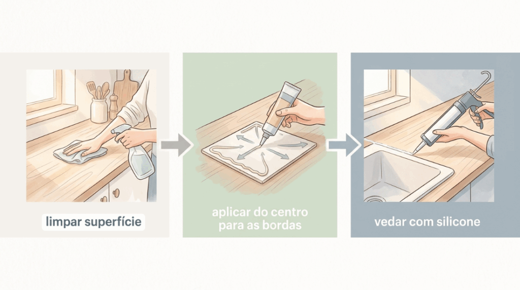 Envelopou a bancada da pia com adesivo vinílico e ele começou a levantar bolhas e soltar nas pontas? O calor e a umidade são os inimigos número um