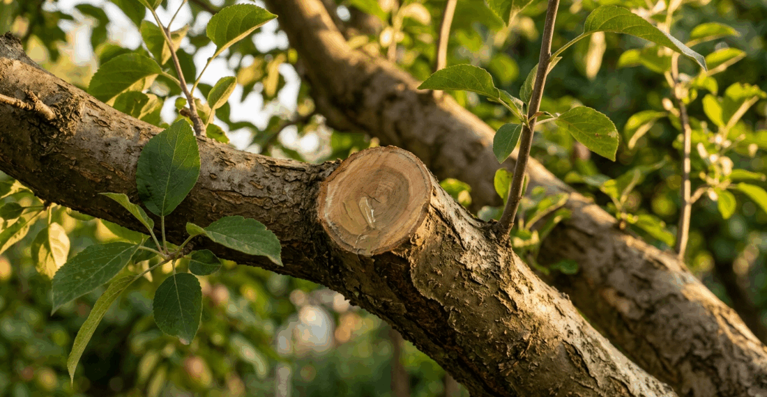Podar galhos grandes de árvores frutíferas e deixar o corte descoberto é um convite aberto para insetos perfuradores destruírem a planta