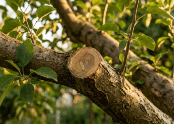 Podar galhos grandes de árvores frutíferas e deixar o corte descoberto é um convite aberto para insetos perfuradores destruírem a planta