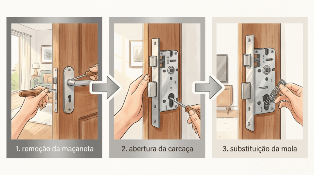 A maçaneta da porta do quarto afundou e não quer voltar para o lugar sozinha? O impacto de batidas constantes quebrou a mola interna da fechadura