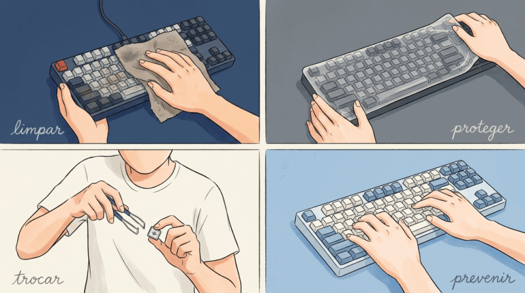 O teclado do seu notebook começou a ficar com as teclas brilhantes? O desgaste não é sujeira que sai com álcool, mas perda definitiva da textura
