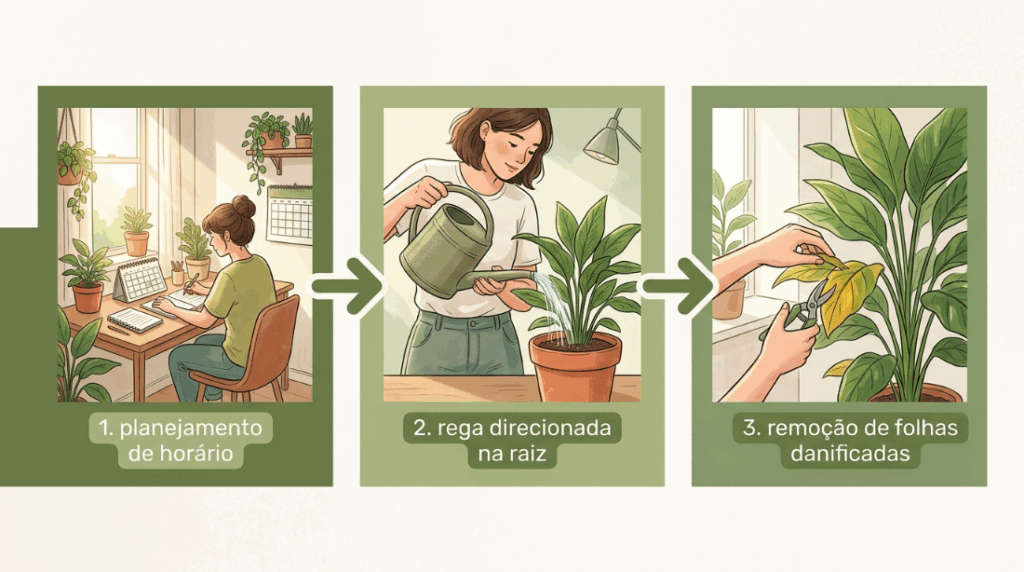 Molhar as plantas no horário de sol forte do meio-dia parece refrescante, mas as gotículas funcionam como lupas que queimam as folhas