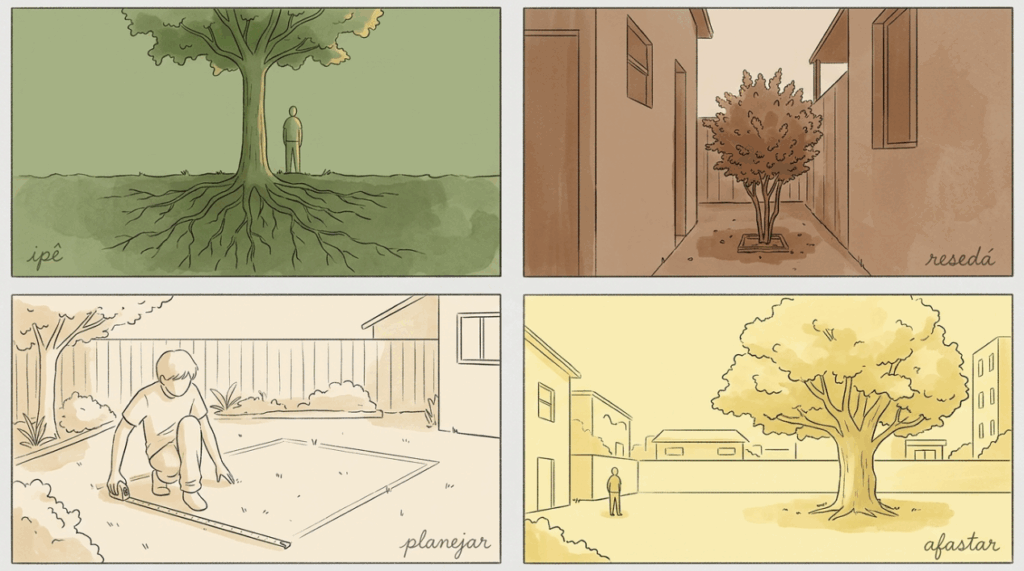 Escolher uma árvore bonita e plantá-la perto demais da parede da casa pode trazer problemas graves com raízes que quebram o piso