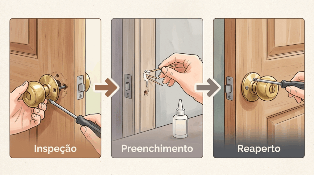 A maçaneta da porta fica girando em falso sem destravar a fechadura? Um aperto simples neste pequeno parafuso lateral resolve a folga
