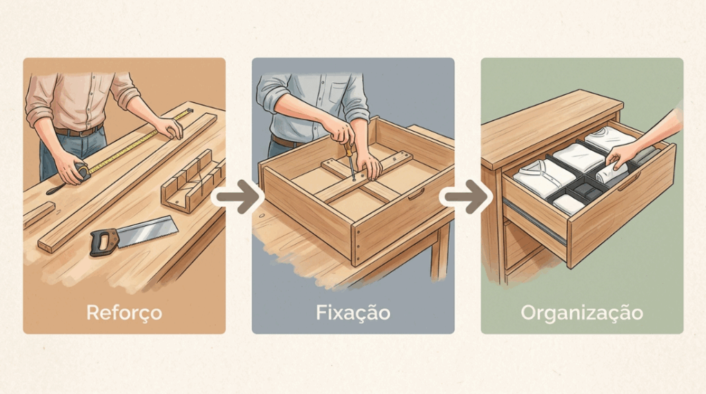 Suas gavetas de panelas vivem desencaixando e despencando para baixo? O excesso de peso superou a resistência do fundo do móvel