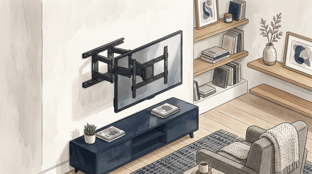 O suporte articulado da sua TV na parede começou a inclinar torto para um dos lados? Os parafusos de fixação na bucha podem estar cedendo