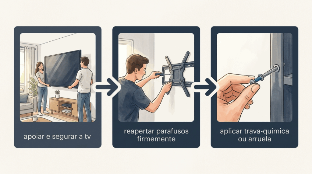 O suporte articulado da sua TV na parede começou a inclinar torto para um dos lados? Os parafusos de fixação na bucha podem estar cedendo