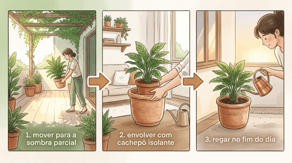 O excesso de umidade retido no fundo de vasos plásticos pretos expostos ao sol forte pode ferver as raízes da planta devido à retenção térmica do material escuro.