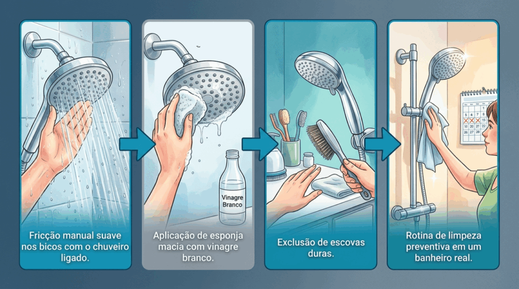 Limpar os bicos do chuveiro com um prego ou agulha pode parecer prático, mas vai espalhar o jato de água para todos os lados