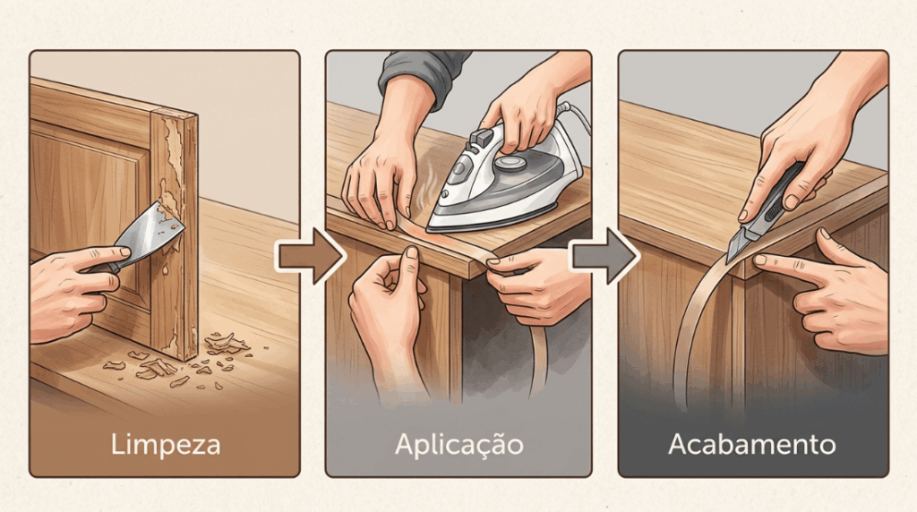 As beiradas das portas dos armários perto do fogão estão começando a soltar uma fitinha plástica? Como colar antes que o móvel estufe de vez