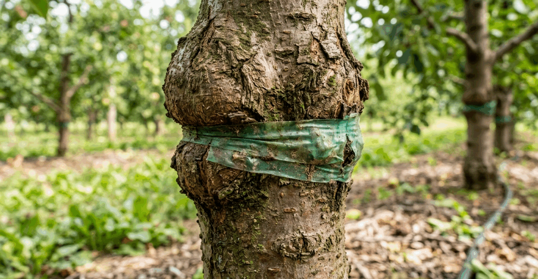 Aquele enxerto que você fez na árvore frutífera pegou, mas começou a murchar do nada? O culpado pode ser a fita plástica que estrangulou o tronco