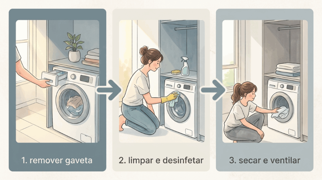 Suas roupas recém-lavadas saem da máquina com um cheiro esquisito de mofo? O fundo da gaveta de sabão esconde uma camada de lodo invisível