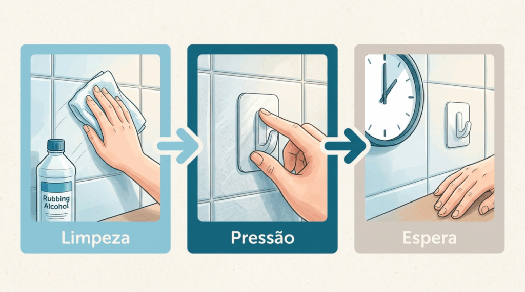 Seus ganchos adesivos de parede despencam logo no primeiro dia? O erro invisível na hora de colar que estraga qualquer fixação