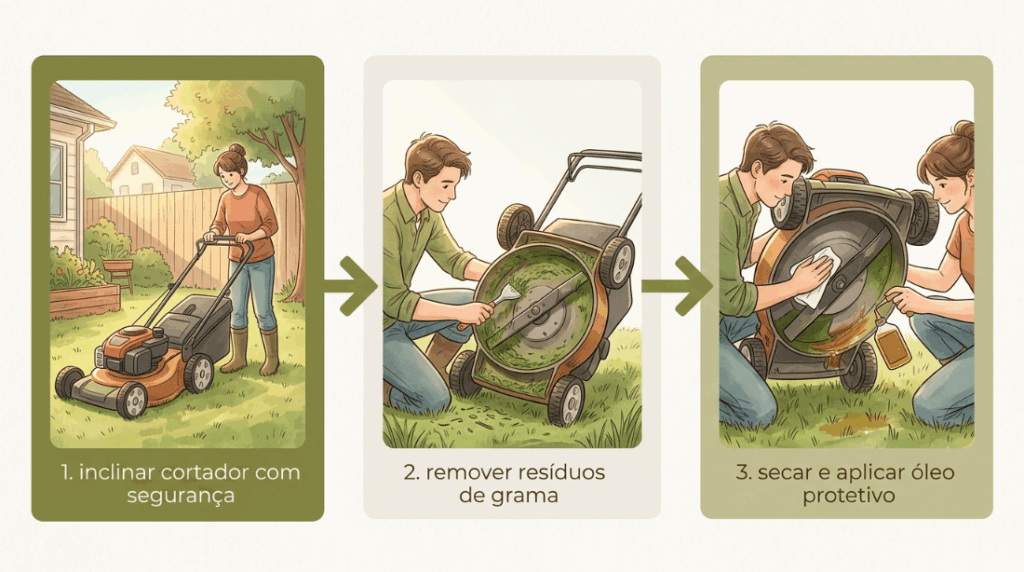 Guardar o cortador de grama sujo com restos de capim úmido cria uma pasta corrosiva que destrói as lâminas do seu equipamento em pouco tempo