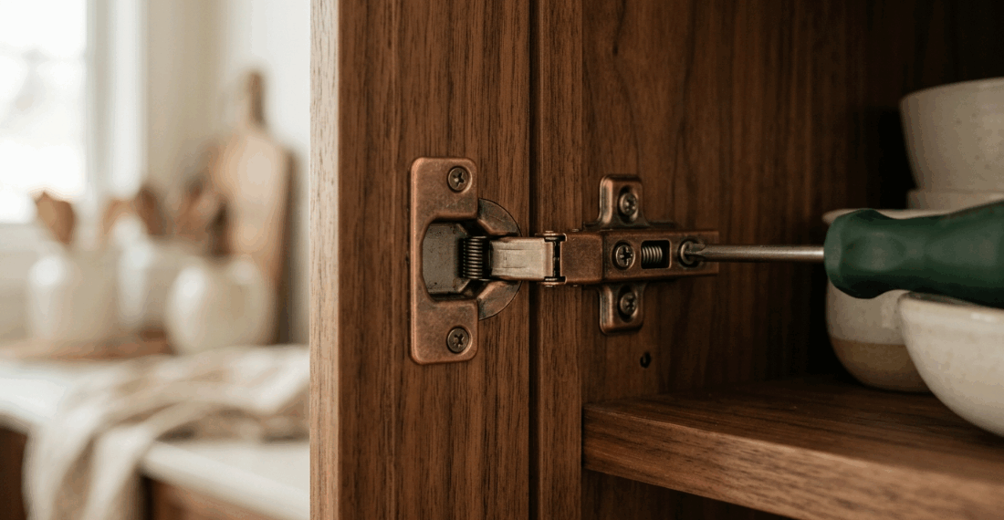 Suas portas de armário de cozinha começaram a encostar umas nas outras ou fechar tortas? Um ajuste milimétrico nestes parafusos resolve